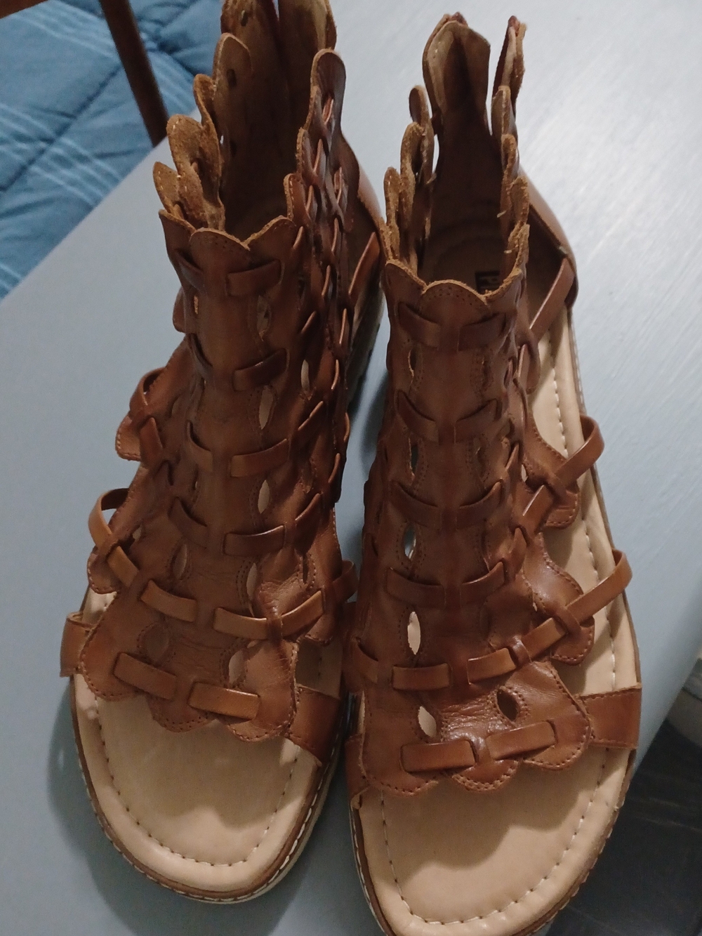 PIKOLINOS Tan Brown Leather Woven High-Top Sandals